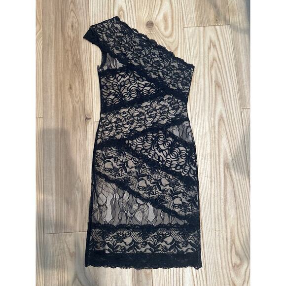 Bebe One Shoulder Dress, Nude Lining, Womens Small - Picture 2 of 6